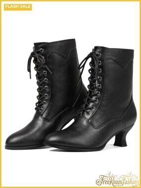 Victorian Boots Women Vintage Renaissance Witch Shoes Mid-Calf PU Booties